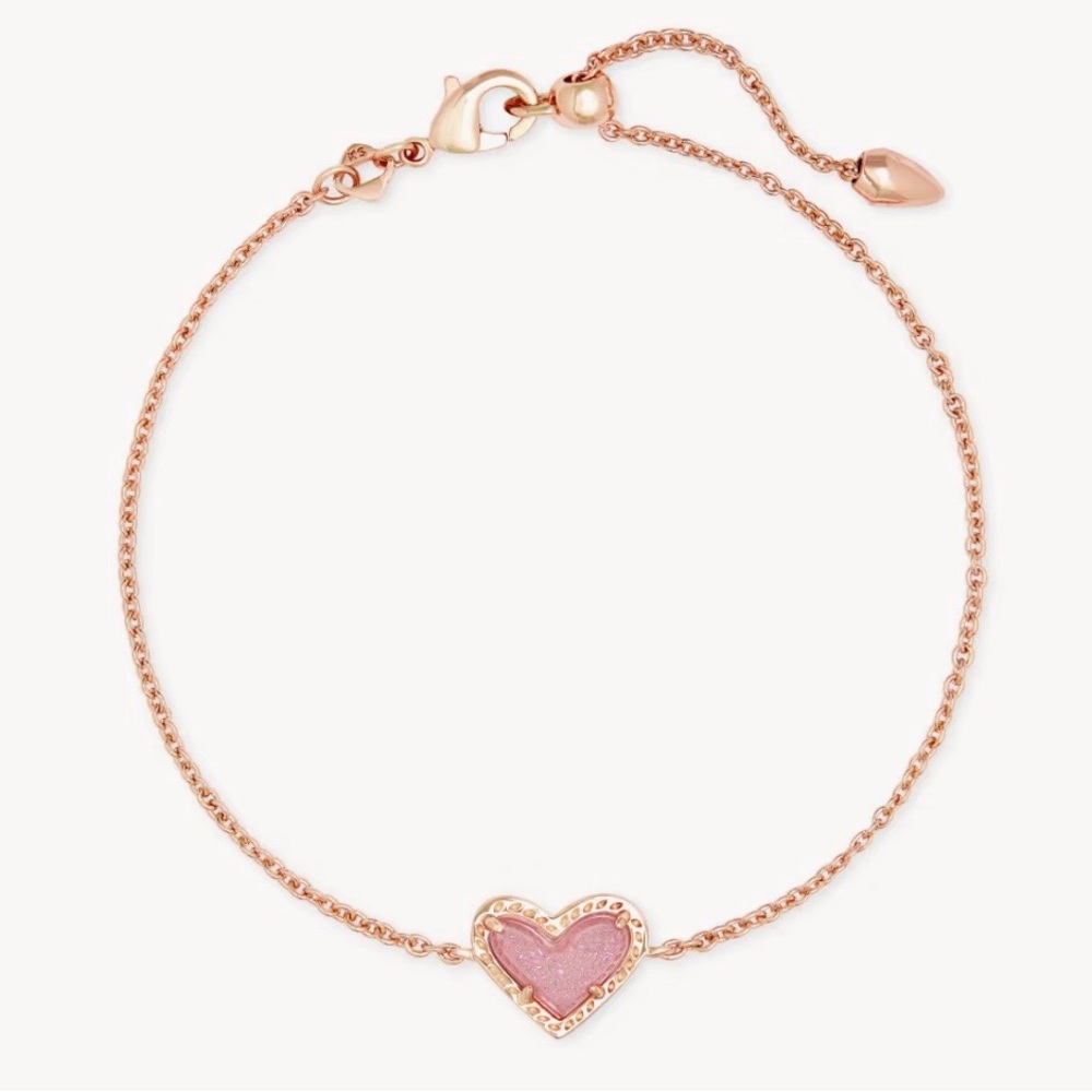 Kendra Scott Ari Heart Rose Gold Adjustable Chain Bracelet in Light Pink Drusy